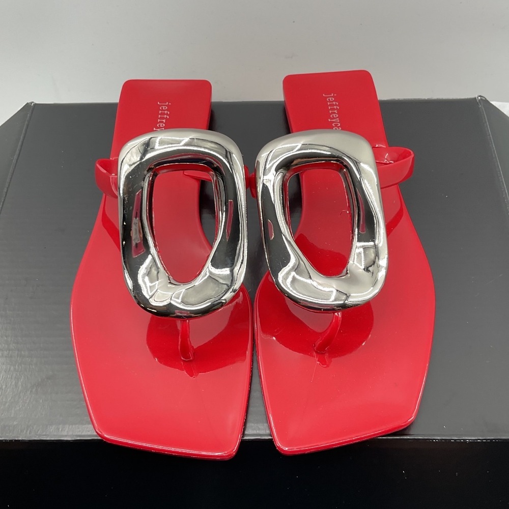Jeffrey Campbell Red Jelly Sandals Square Toe Silver Buckle Thong Flats